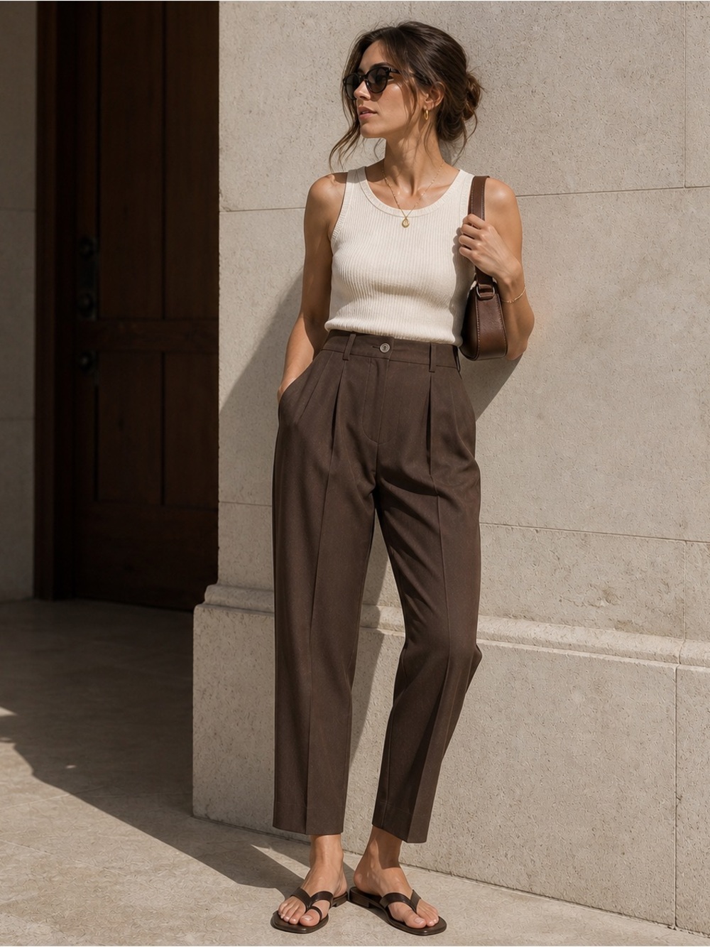 TravelSmith Pleated High Waist Trouser Women's 10 Chocolate Brown Crepe Texture